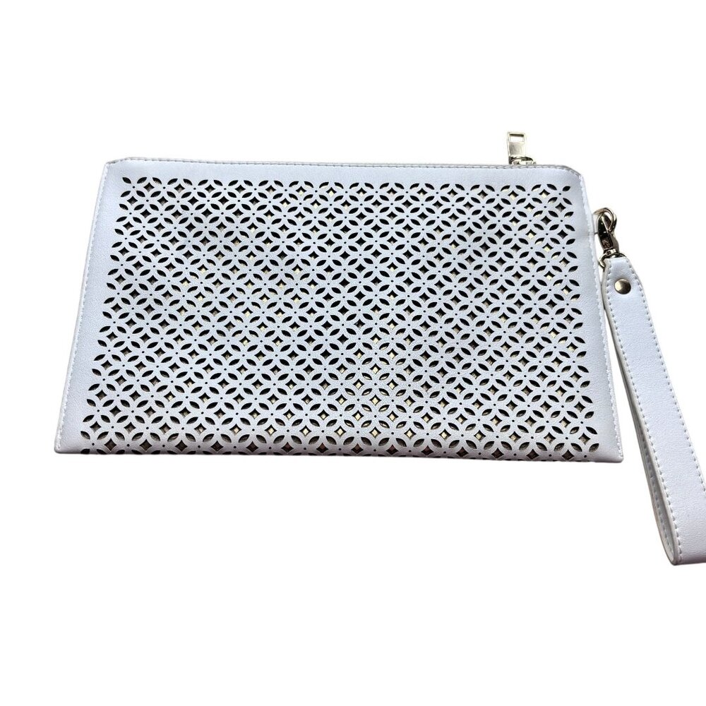 Madison West White Clutch Bag With Wristlet Strap & Laser Cut Design